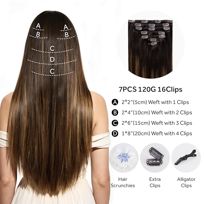 Clip in Hair Extensions Real Human Hair, Silky Remy Hair Extensions Clip Ins, Salon Quality Straight Human Hair for Women, Dark Brown to Chestnut Brown #2TP6/2 24Inch 120G 7PCS