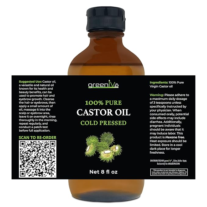 GreenIVe Castor Oil Organically Grown 100% Pure 8oz Glass Bottle Cold Pressed, Hexane Free, Eyelash and Eyebrow Growth Serum, Skin Moisturizer Detox and Wraps