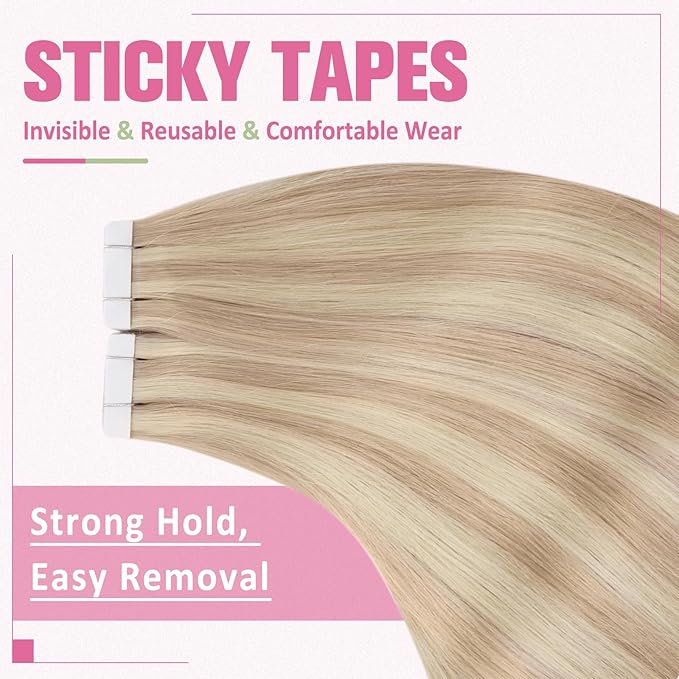 YoungSee Tape in Hair Extensions Real Human Hair Blonde Highlight Tape in Hair Extensions Light Blonde and Strawberry Blonde Highlight Human Hair Extensions Tape in 20In 20pcs 50g Seamless Extensions