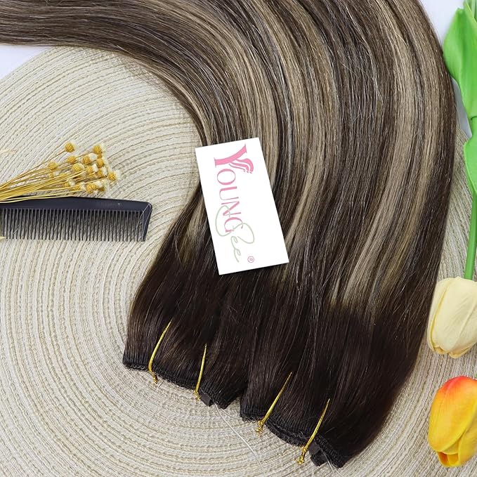 YoungSee Wire Hair Extensions Human Hair Balayage Fish Line Human Hair Extensions Ombre Dark Brown with Ash Blonde Straight Wire Extensions Real Human Hair Softness Human Hair Extensions 14Inch 80G