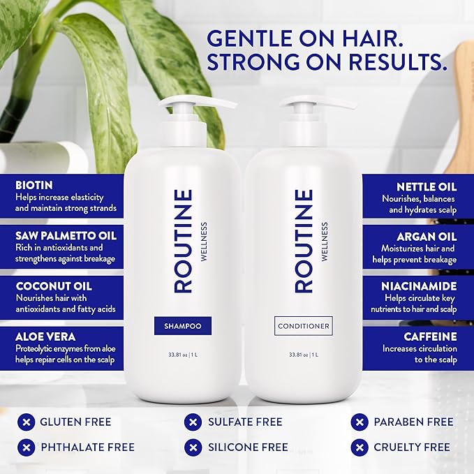 Routine Wellness 1 Liter Anti-Thinning Shampoo and Conditioner Set for Thinning Hair - Biotin DHT Blocker - Color Safe Shampoo for Hair Loss & Healthier Hair - 1 Liter Set - Cucumber
