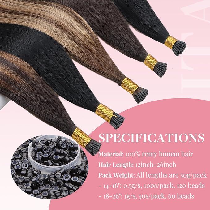 MAXITA I Tip Hair Extensions, 50g/100s, Dark Brown Mixed Chestnut Brown, 14 Inch Comfortable Wear, Invisible & Natural Cold Fusion, 100% Remy Human Hair Itip Keratin Extensions