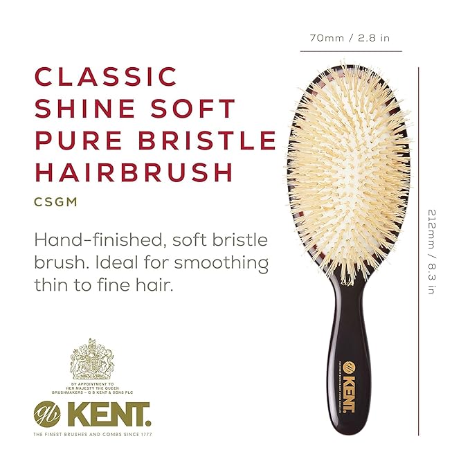Kent CSGM 7.75" Classic Shine Medium Oval Cushion Straightening Brush and Hair Detangler - Soft White Boar Bristle Hair Brush - Shine Hair Brush and Scalp Scrubber for Mid-Length Fine or Thinning Hair