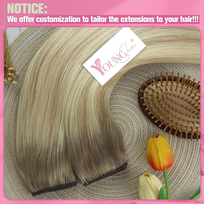 YoungSee Wire Hair Extensions Human Hair Ombre Blonde Wire Hair Extensions for Women Real Human Hair Balayage Ash Blonde Ombre Platinum Blonde Human Hair for Damaged Hair Repair 80G 14Inch