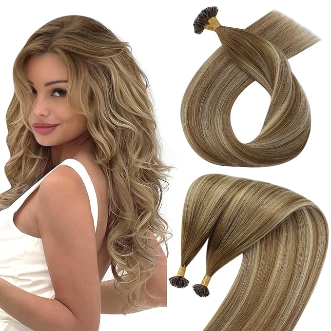 Sunny Hair K Tip Hair Extensions Real Human Hair Chestnut Brown to Platinum Blonde Balayage Keratin Human Hair Extensions 18inch Keratin Bond Hair Extensions Soft 50g