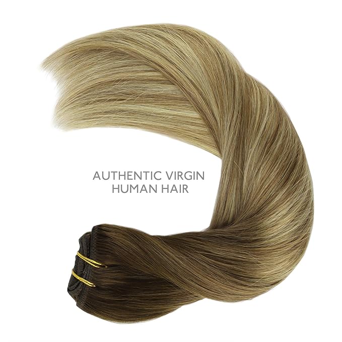 WENNALIFE Hair Extensions Clip In, 24 Inch 120g 7pcs Clip in Hair Extensions Real Human Hair Ombre Walnut Brown to Ash Brown and Bleach Blonde Remy Coloured Human Hair Extensions