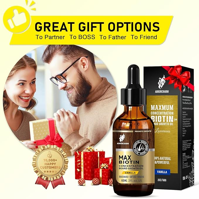 Biotin Beard Oil for Men – Vanilla Scented Growth & Softening Oil with Castor, Vitamin B5 & Grape Seed – Leave-In Beard Conditioner for Coarse or Patchy Beards – Gift for Him – 2 oz
