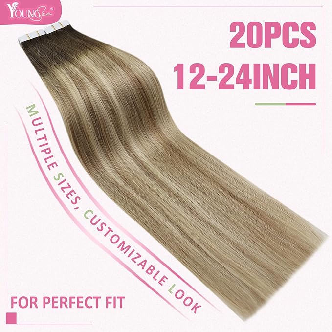 YoungSee Human Hair Tape in Extensions Balayage Brown Tape in Hair Extensions Real Human Hair Brown Ombre Blonde with Medium Brown Tape Human Hair Extensions Silky Straight 20 Inch 20pcs 50g