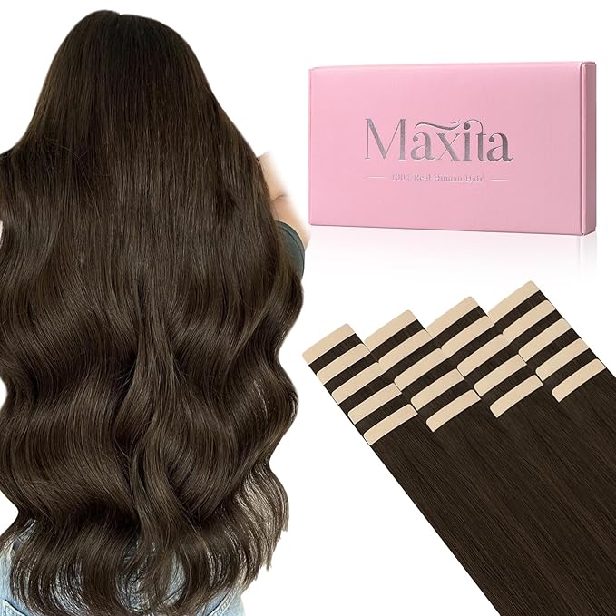 MAXITA Tape in Hair Extensions Real Human Hair, Caramel Brown 20pcs 14 Inch 50g Hair Extensions Tape in Extensions Straight Natural Invisible Tape ins