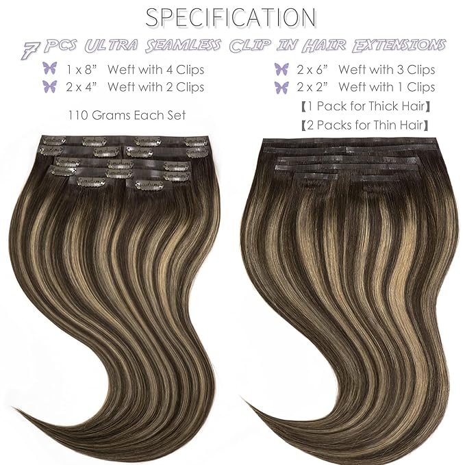 Lacer Hair Remy Human Hair Clip in Extensions Full Head Silky Straight Tape Weft Invisible Clip on Hair Extensions Human Hair Chestnut Brown Mixed Dark Brown with Brown Roots R#2-2/6 22 Inch 110g 7pcs