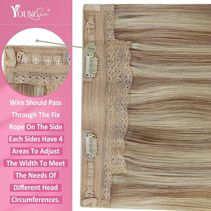 YoungSee Invisible Wire Human Hair Extensions Blonde Highlight Thick Wire Hair Extensions Real Human Hair Dark Ash Blonde Highlights Golden Blonde Hair Wire Extensions for Women 14In 80G