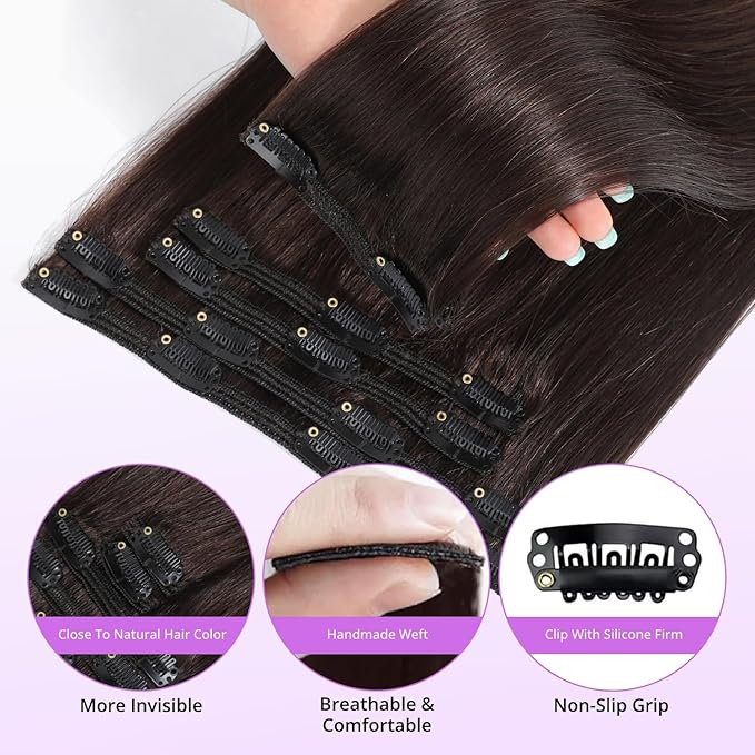 Clip in Hair Extensions Real Human Hair,100% Seamless Invisible Remy Human Hair Silky Straight,Clip Extensions for Women, 8pcs Per Set with Double Weft,2 Dark Brown,18inch 100g/3.5oz