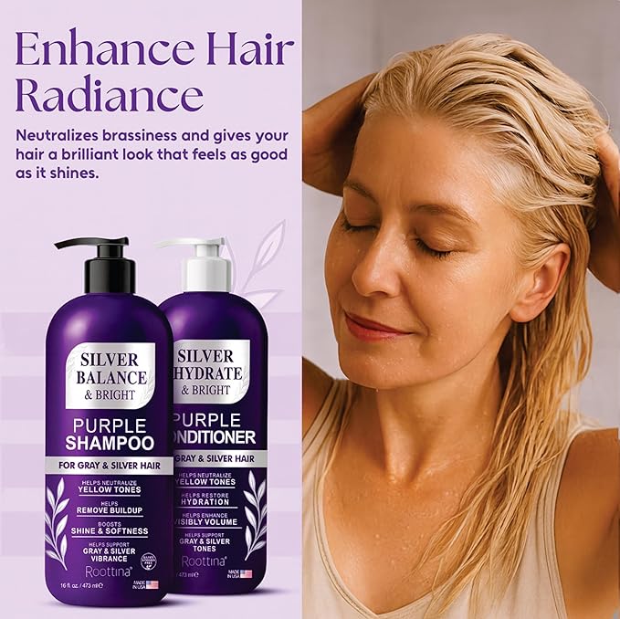 Sulfate Free Brass Toning Purple Shampoo and Conditioner Set for Gray, Blonde, Silver & White Hair – Neutralizes Brassy Tones, Boosts Brightness, Protects Color, Made in USA, 16 fl oz Each