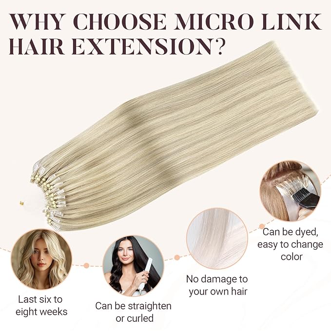 MAXITA Microlink Hair Extensions Human Hair, Ash Blonde Highlighted Platinum Blonde Micro Bead Hair Extensions Virgin Human Hair, 50g/50 Strands/Pack, 22 In