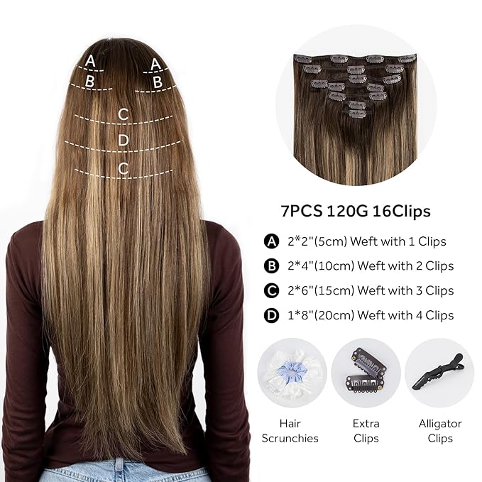 Clip in Hair Extensions Real Human Hair, Invisible Clip In Hair Extensions 100% Human Hair, Balayage Chocolate Brown to Caramel Blonde #4TP27/4 16Inch 120G 7PCS