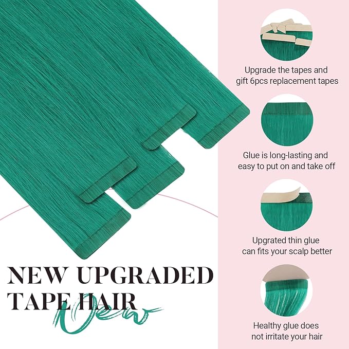 MAXITA Tape in Hair Extensions Human Hair Green Tape in Extensions 24 Inch 10pcs 30g Remy Invisible Silky Straight Colored Soft Real Human Hair Extensions