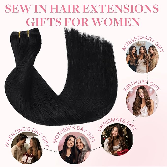 GOO GOO Sew in Hair Extensions Real Human Hair, Weft Hair Extensions Human Hair, 1 Jet black 14inch 80g, Weft Bundles Straight Silky Remy Hair
