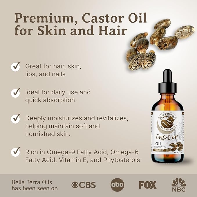 Bella Terra Oils - Organic Castor Oil 2oz Glass Bottle - Pure & Cold-Pressed, Rich in Stearic Acid for Skin & Hair Care