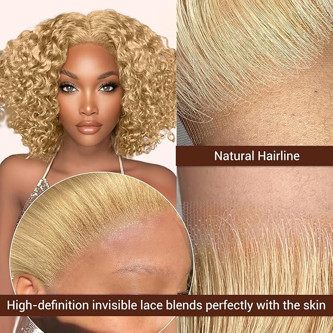 FABA Glueless Wigs Human Hair Pre Plucked Pre Cut Bob Blonde Curly Wig 7x5 Honey Blonde Deep Wave Wig Human Hair 180% Density Short Curly 12 Inch