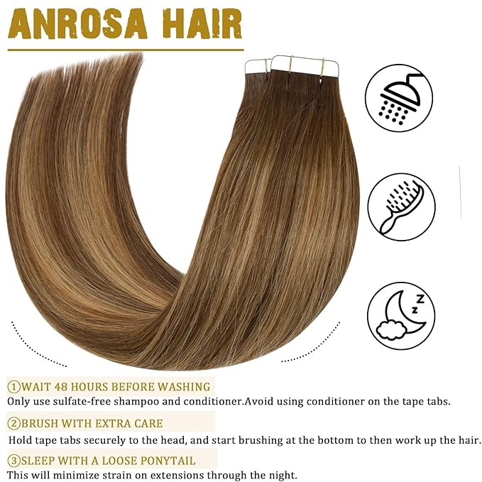 Real Human Hair Tape in Extensions Silky Tape in Extensions Human Hair Straight Seamless Invisible Tape in Hair Extensions Human Hair Chocolate Brown to Caramel Blonde with Brown Roots 16 Inch 100g