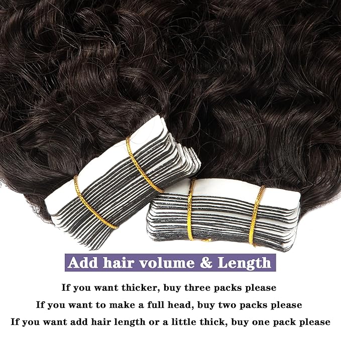 Anrosa Jerry Curly Hair Extensions Real Human Hair Tape in Darkest Brown Seamless Skin Weft Kinky Curly Hair Extensions Human Hair 20 inch Full Head Tape in Extensions for Black Women 50g 20pcs