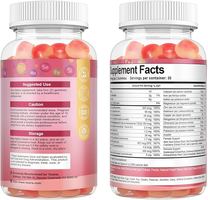 Sugar Free Multivitamin Gummies for Women 14+ w/Iron, Inositol, Folate, Biotin, Womens Daily Multivitamin Gummy w/Vitamin A, C, B, D3, K2, for Hair, Skin, Energy, Immune, Peach Flavor