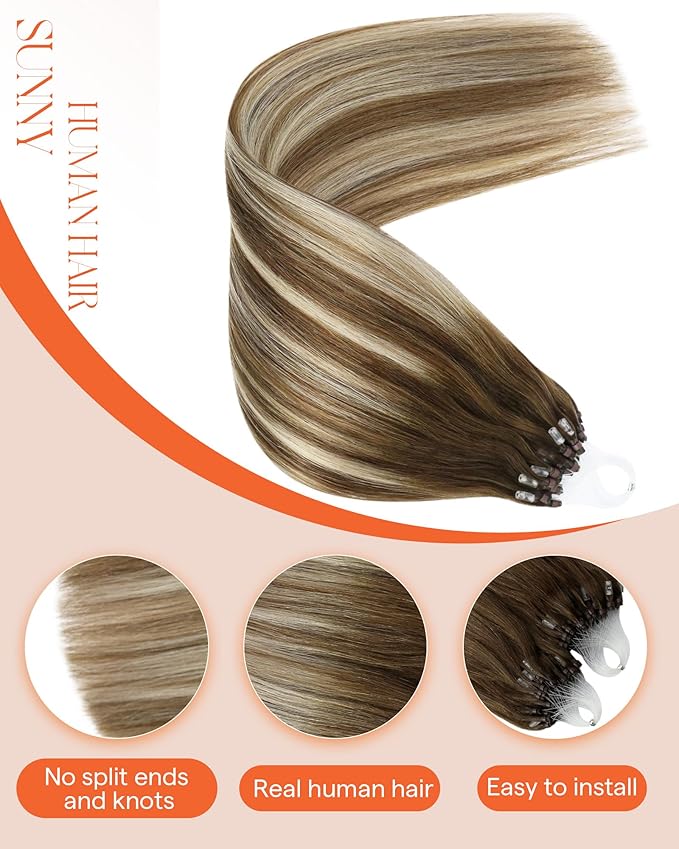 Sunny Hair Micro Link Hair Extensions Human Hair 24inch Micro Loop Human Hair Medium Brown Ombre Platinum Blonde Balayage Micro Hair Extensions Real Human Hair for Daily Use 50g