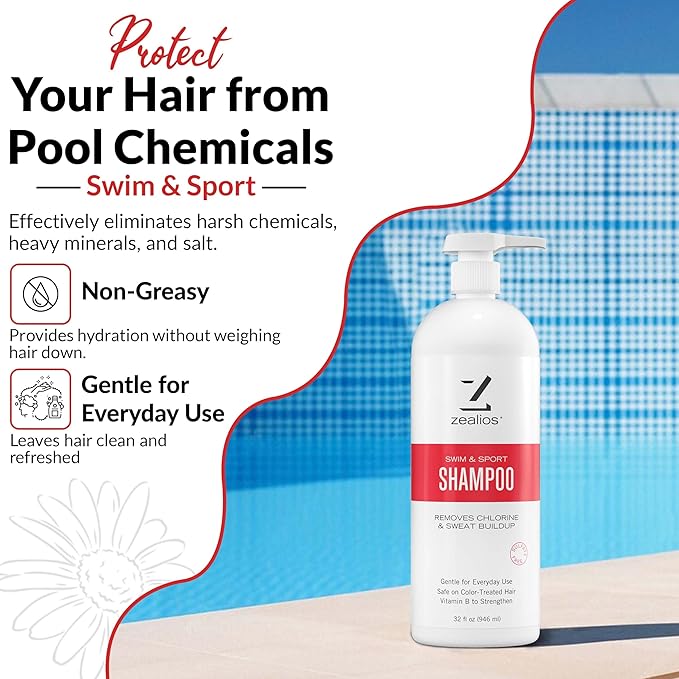 Zealios Sport Clarifying Shampoo, 32 oz Pump Bottle for Extremely Damaged Hair, Pool Hair Repair & Protector - Sulfate-Free, Moisturizing Chlorine & Salt Removal, Color-Safe, Citrus Scent for Swimmers