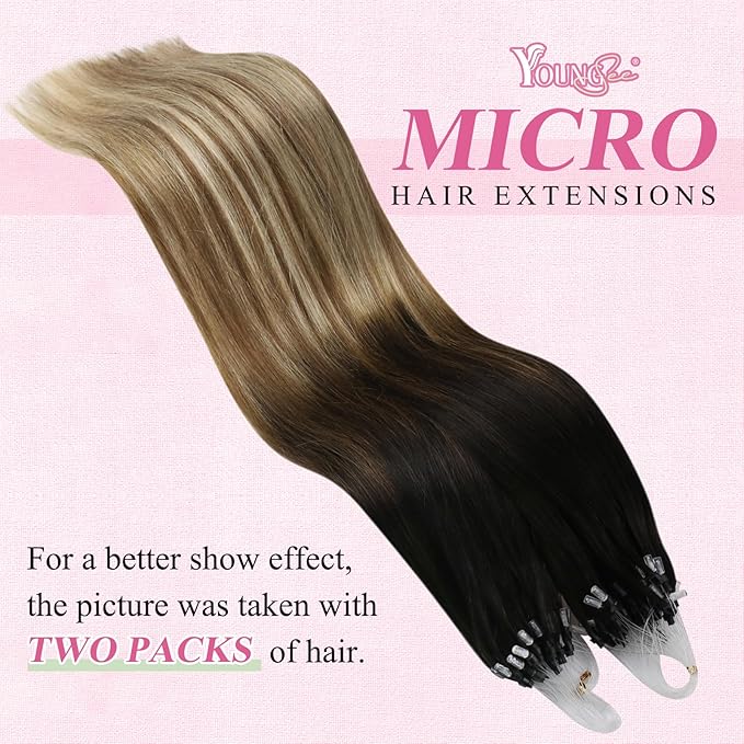 YoungSee Microlink Hair Extensions Human Hair Balayage Micro Ring Hair Extensions Ombre Dark Brown to Medium Brown with Blonde Hair Extension Beads for Girls 20Inch 50g 50s Cold Fusion Hair Extension