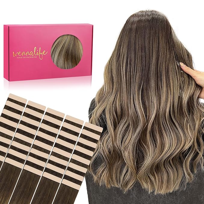 WENNALIFE Tape in Hair Extensions, 40pcs 120g 26 Inch Balayage Chocolate Brown to Honey Blonde, Human Straight Reusable Real Hair