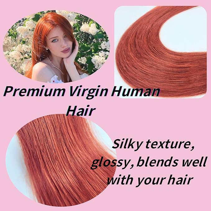 Copper Tape in Hair Extensions Human Hair Invisible Silky Smooth Mini Copper Hair Extensions Real Human Hair Tape in 20 Inch for Party