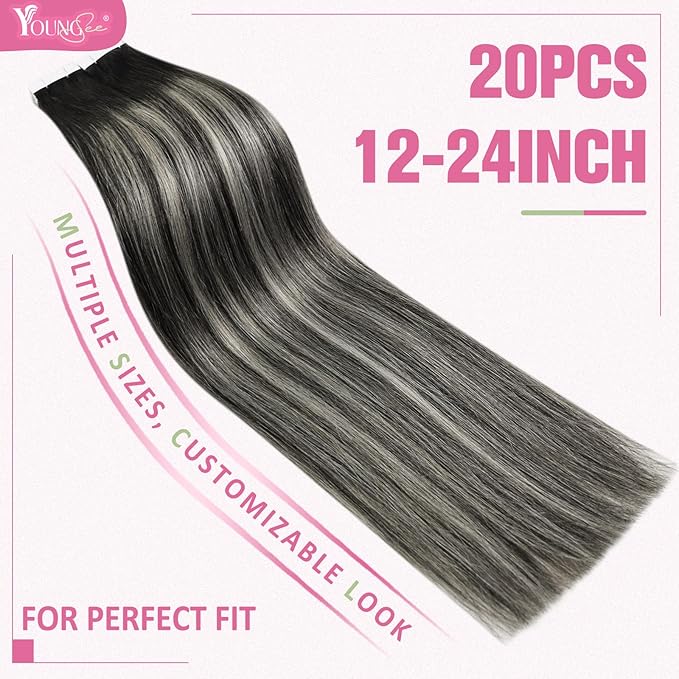 YoungSee Tape in Hair Extensions Human Hair Ombre Seamless Tape in Hair Extensions Human Hair Black Ombre Silver with Black Roots Human Hair Tape ins Reusable 18In 50g 20pcs