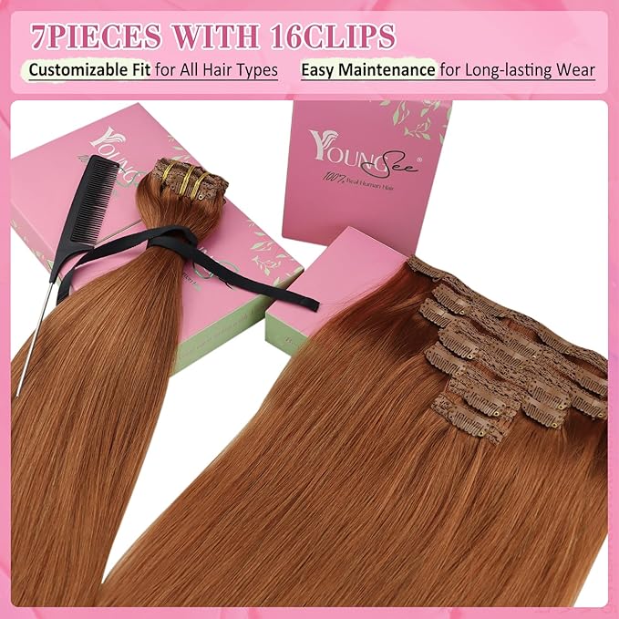 YoungSee Clip in Human Hair Extension Copper Clip in Real Hair Extension Copper Real Human Hair Extensions Clip ins Copper Hair Extensions Real Human Hair for Women 14Inch 7Pcs 120g