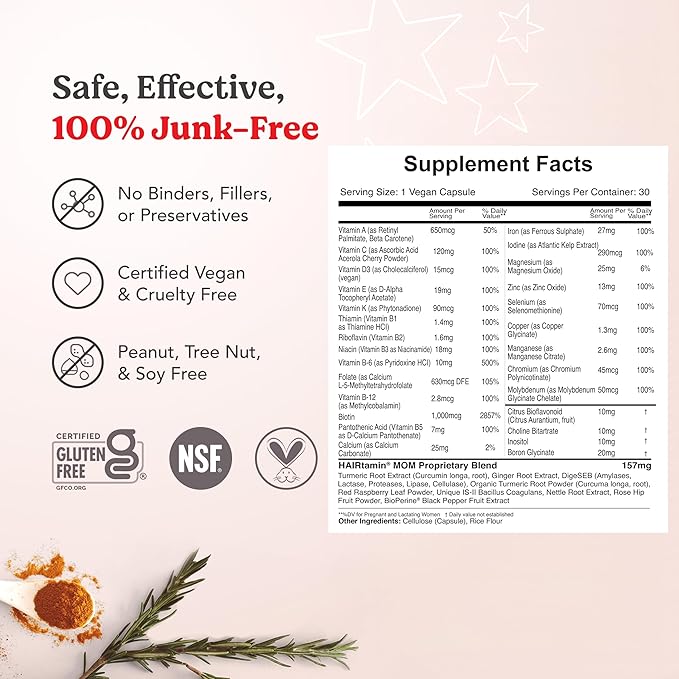 HAIRtamin MOM Vegan Prenatal & Postnatal Multivitamin Supplement & Hair Vitamin Pregnancy, Postpartum, Breastfeeding Probiotic One-a-Day Hair Vitamins with Biotin, Zinc, Iron (30 Counts)