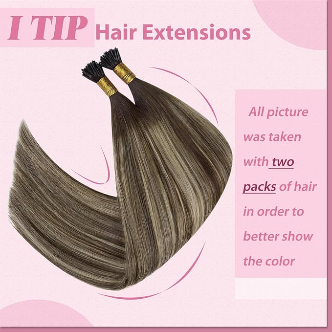 YoungSee Itip Human Hair Extensions Balayage Tip Hair Extensions Ombre Dark Brown with Ash Blonde I Tips Hair Extension for Women 80s I-Tips Extensions Real Human Hair Silky Straight 16Inch 50g