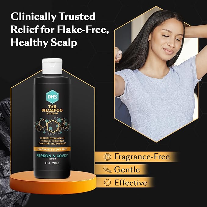 DHS Person & Covey, Inc Coal Tar Shampoo - Dandruff Shampoo for Men & Women, Psoriasis & Dandruff Hair Care for Itchy Scalp, Unscented Seborrheic Dermatitis Hair Care - 8 Fl Oz, Pack of 3