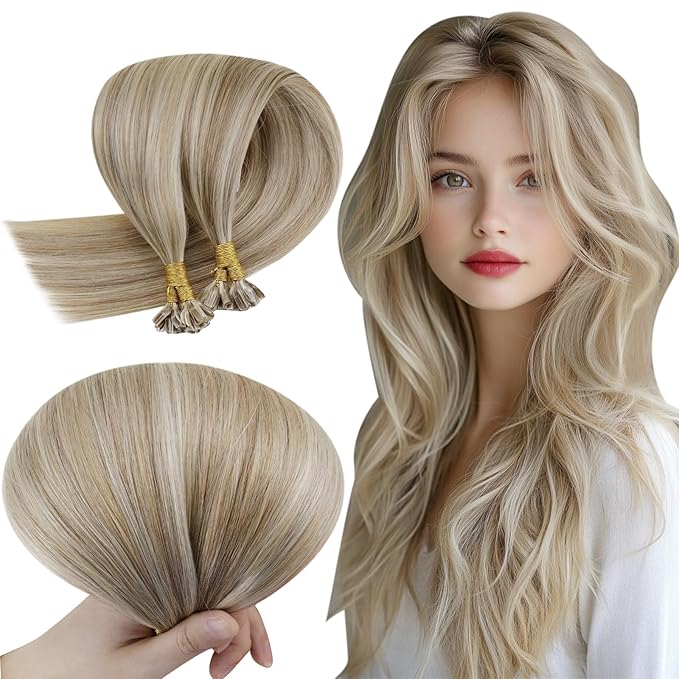 RUNATURE Ktip Human Hair Extensions Ash Brown with Platinum Blonde Keratin U Tip Hair Extensions Hot Fusion Utip Hair Extensions Human Hair Straight K Tip Hair Extensions Silky 16 Inch 50g 50s