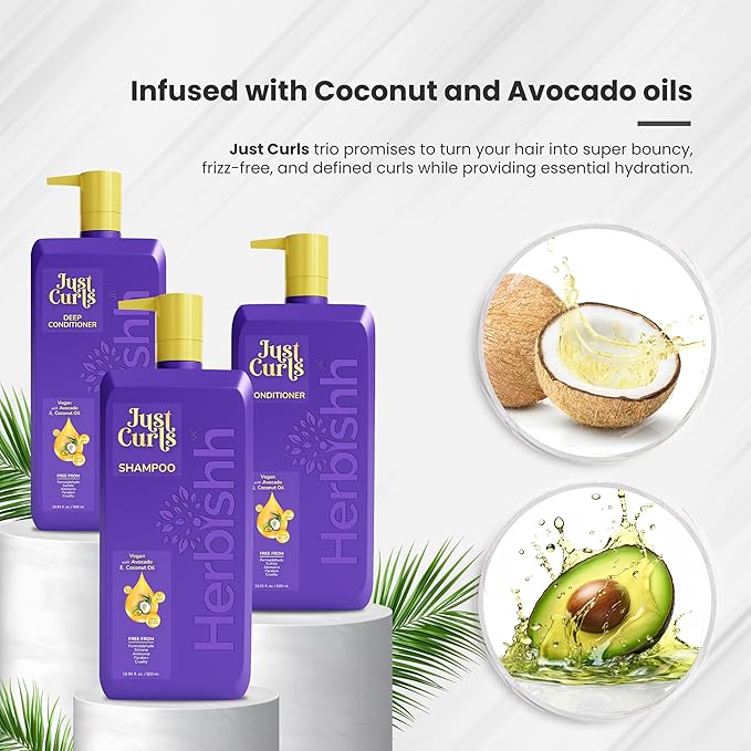 Herbishh Curly Hair Shampoo, Conditioner & Deep Conditioner (3 x 16.91 fl oz) Curly Hair Products Gift Set for Women & Men, Sulfate Free Shampoo, Keratin Coconut Avocado Oil, Frizz Control, Vegan
