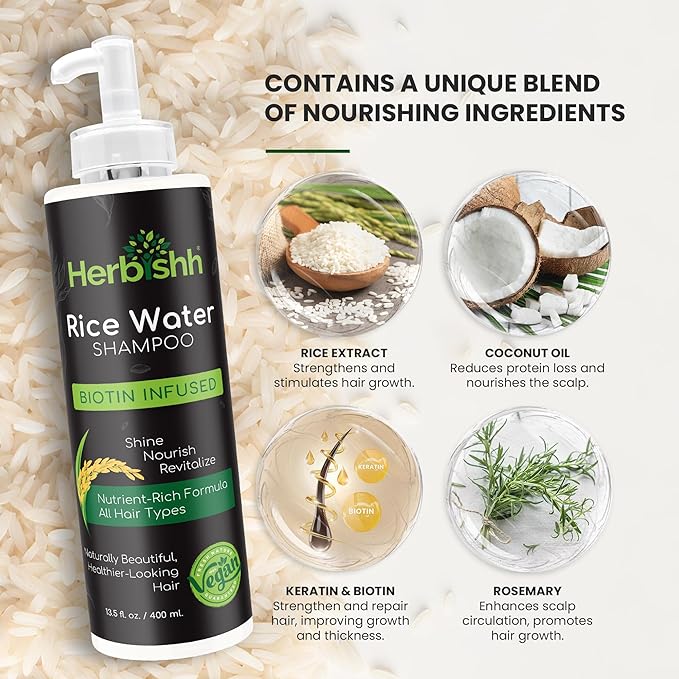 Herbishh Rice Water Hair Growth Shampoo - 400ml with Power of Castor Oil, Argan & Coconut Oil & Biotin | All Hair Type | Hair regrowth for Thinning Hair, Moisturizing & Volumizing | Silicone Free