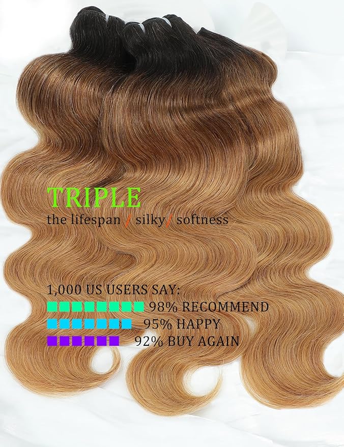 Ombre Bundles Human Hair, 13A Raw Indian Hair Bundles Body Wave, 18 20 22 Inch Colored Honey Blonde 1B27 Ombre Human Hair Bundles, 2 Years Service Life, Keep Texture Silky Soft Tangle-Free