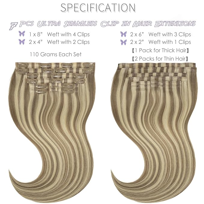 Lacer Seamless Clip in Hair Extensions 8Pcs Invisible PU Skin Weft 150g 19 Clips Highlight Clip in Hair Extensions Light Brown with Platinum Blonde Natural Human Hair 22 Inch