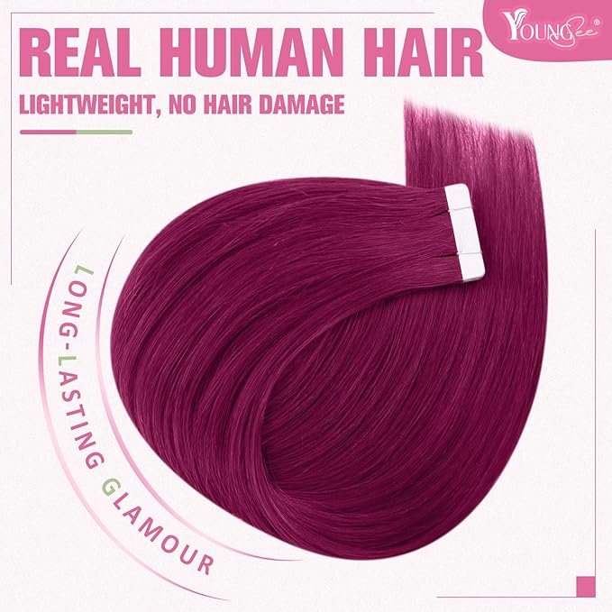 YoungSee Tape in Hair Extensions Real Human Hair Magenta Human Hair Extensions Tape in Color 20In Red Hair Extensions Tape in for Girls 10pcs 25g Tape in Extensions Magenta for Girls Party Highlights