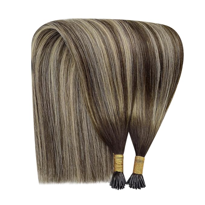 YoungSee Itip Human Hair Extensions Balayage Tip Hair Extensions Ombre Dark Brown with Ash Blonde I Tips Hair Extension for Women 80s I-Tips Extensions Real Human Hair Silky Straight 16Inch 50g
