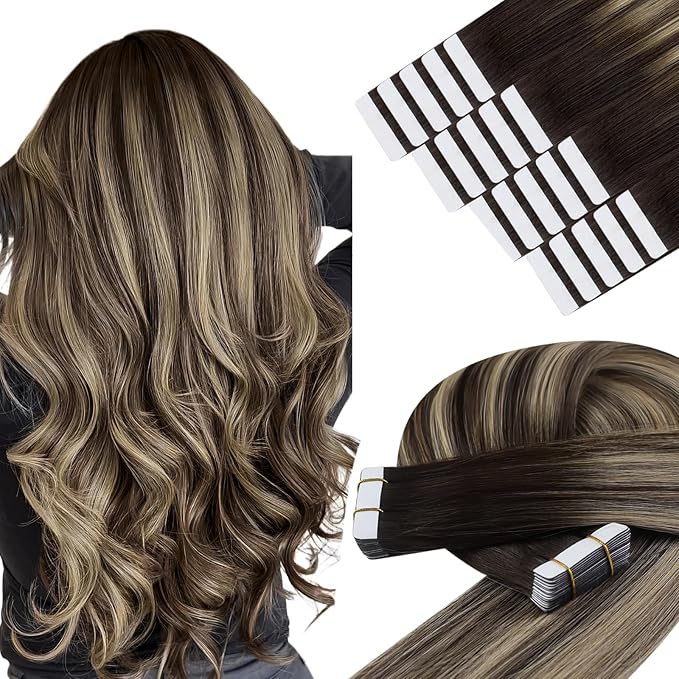 YoungSee Tape in Extensions Human Hair Balayage Tape ins Human Hair Extensions Balayage Dark Brown with Ash Blonde Tape in Hair Silky Straight 20 Inch 20pcs 50g Long-Lasting
