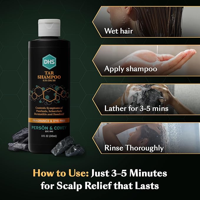 DHS Person & Covey, Inc Coal Tar Shampoo - Dandruff Shampoo for Men & Women, Psoriasis & Dandruff Hair Care for Itchy Scalp, Unscented Seborrheic Dermatitis Hair Care - 8 Fl Oz, Pack of 3