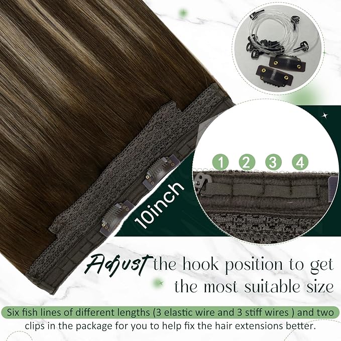 RUNATURE Wire Hair Extensions Real Human Hair, Balayage Brown Roots Human Hair Extensions for Women, Invisible Fish Line Extensions Soft Remy Hair, 16 Inch 80g #4/27/4