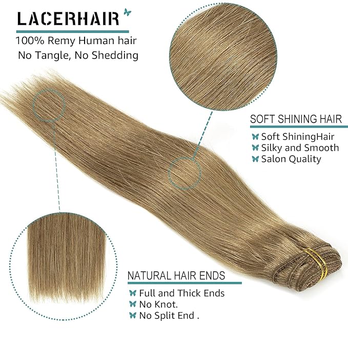 Lacer Hair Extensions Clip In Real Human Hair Extensions 120g 7 Pieces Silky Straight Weft Remy Human Hair Clip in Hair Extensions Light Brown #8 20 Inch