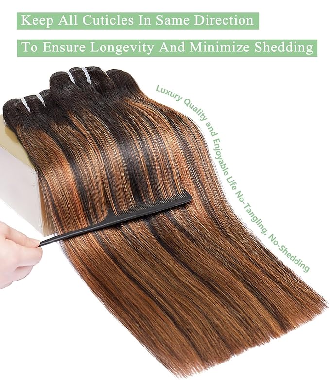 mlip Raw Bundles Human Hair Straight, No Tangle Shedding, Keep Texture Silky Soft After Multiple Washes, 15A Raw Indian Hair Bundles 20 Inches, Brown Highlight Color