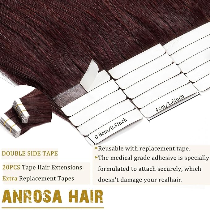 Anrosa 20 Inch Tape In Hair Extensions Human Hair Real Remy Human Hair Tape In Premium Quality Silky Hair Natural Hair Extensions Seamless Skin Weft Double Sided 20/Pcs 50g
