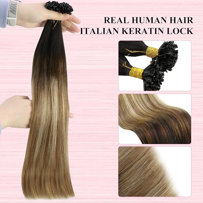 YoungSee U Tip Hair Extensions Human Hair Balayage Keratin Hair Extensions U Tip Ombre Dark Brown to Brown with Blonde K Tips Hair Extensions Silky 18In Balayage Utip Remy Hair Extensions 1g/s 50g